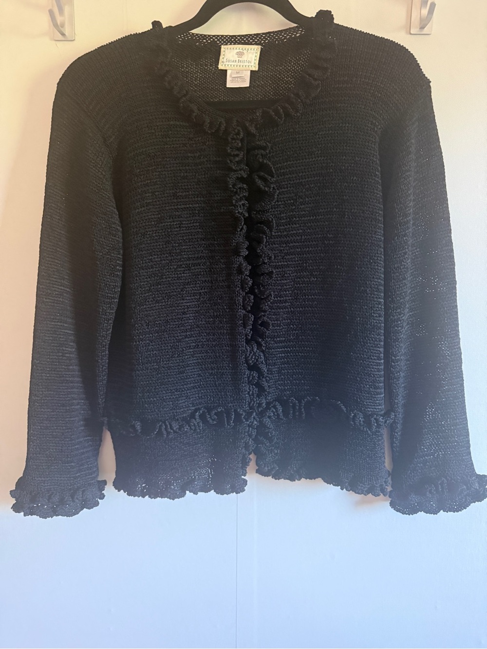 Vintage Susan Bristol Black Ruffle Knit Cardigan Sweater Medium Cottagecore